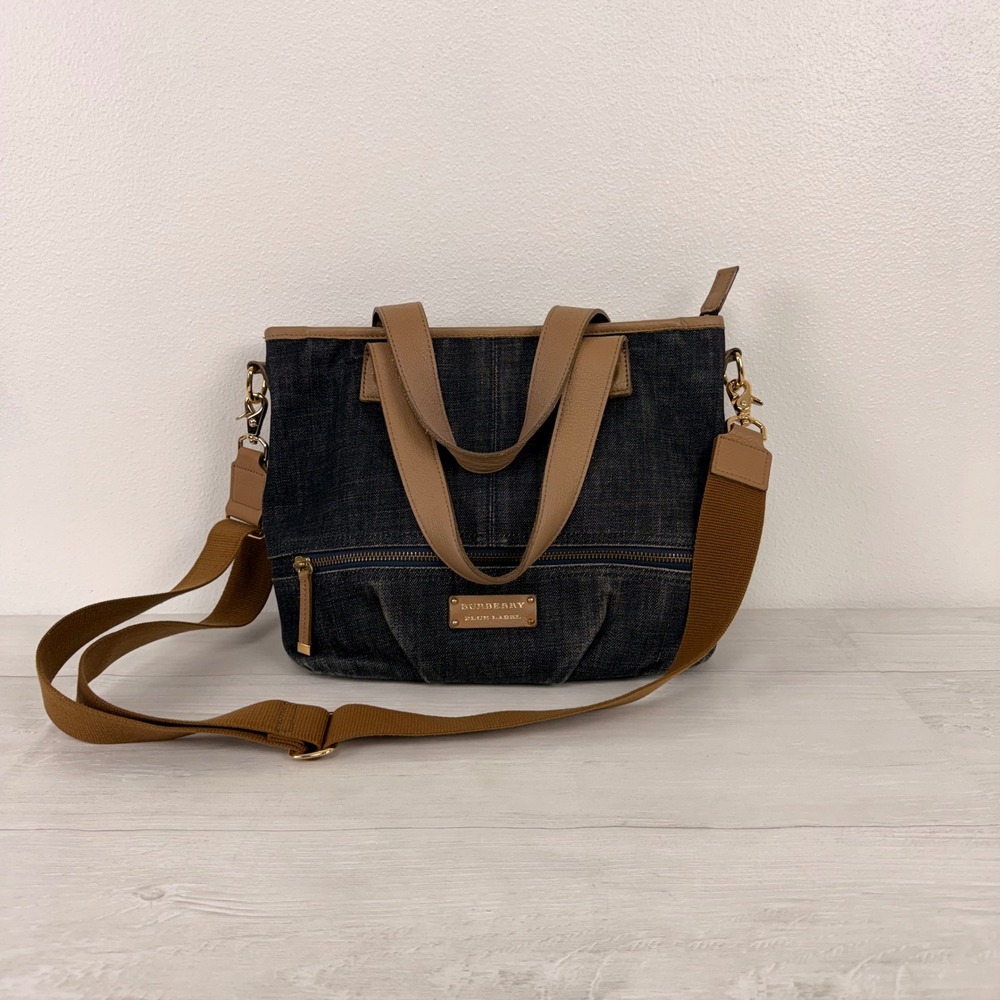 Burberry Blue Label Denim Tote Bag Black Leather Trim Crossbody Luxury Y2K Japan